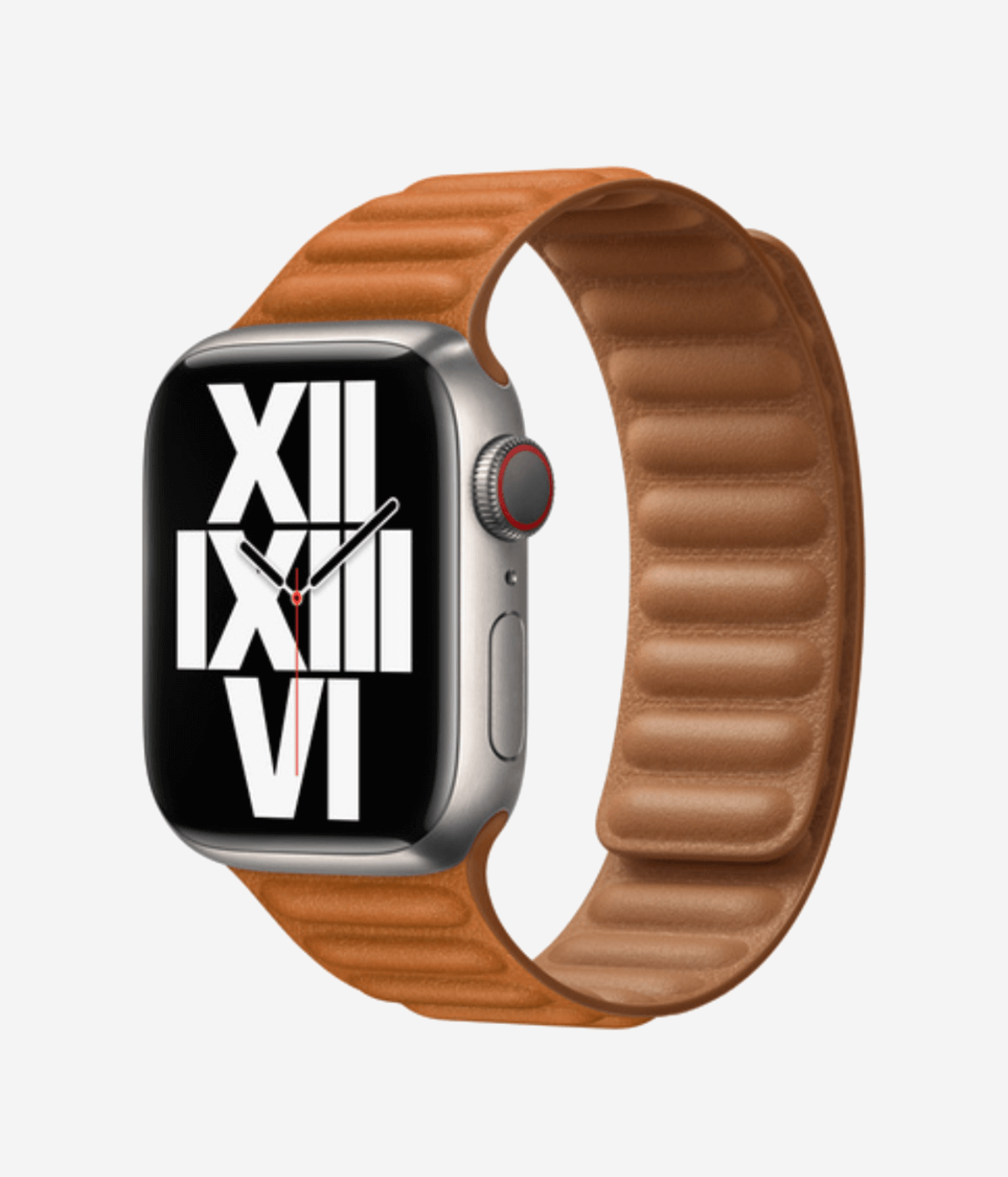 Product shot of the magnetic leather Apple Watch band highlighting the premium ribbed leather texture and the secure, buckle-free magnetic closure system.