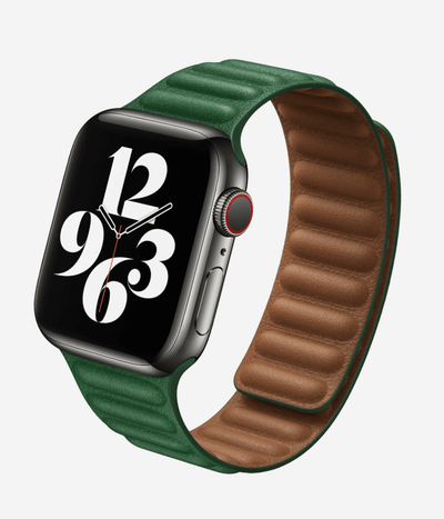 Product shot of the magnetic leather Apple Watch band highlighting the premium ribbed leather texture and the secure magnetic link closure system.