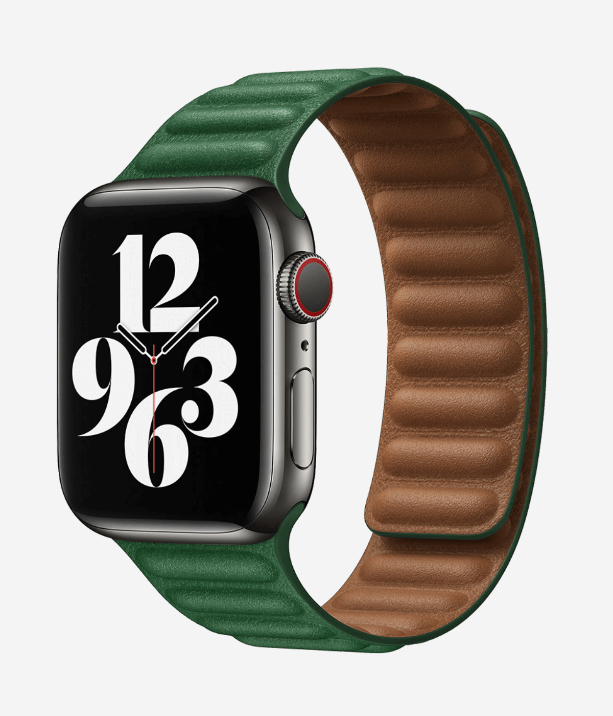 Product shot of the magnetic leather Apple Watch band highlighting the premium ribbed leather texture and the secure, buckle-free magnetic closure system.