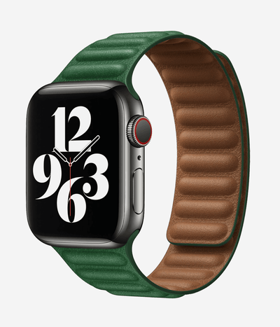 Product shot of the magnetic leather Apple Watch band highlighting the premium ribbed leather texture and the secure, buckle-free magnetic closure system.