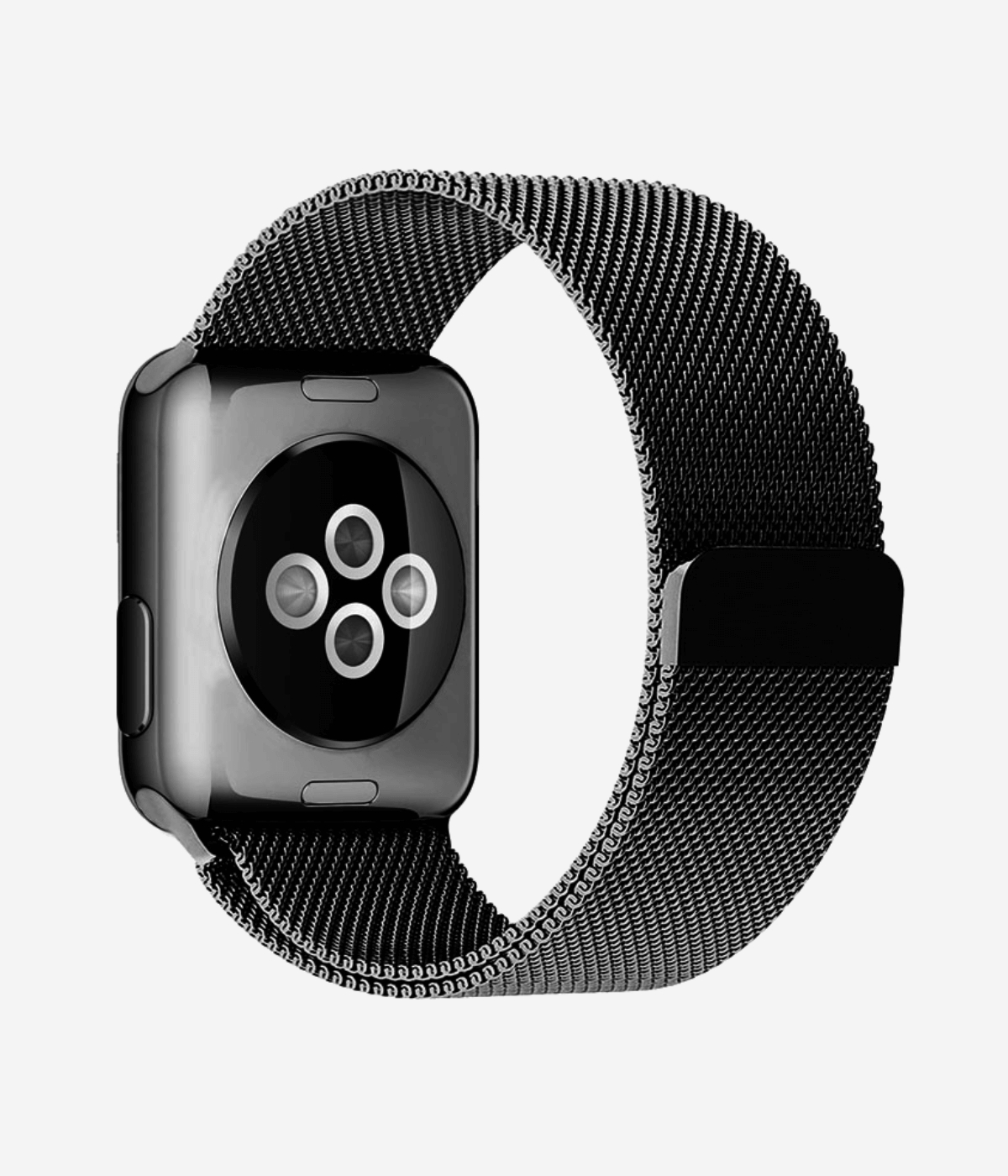 Rear view of an Apple Watch Milanese Loop band, highlighting the woven stainless steel mesh texture, secure magnetic closure clasp.