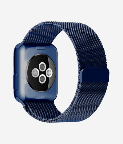 Rear view of an Apple Watch Milanese Loop band, highlighting the woven stainless steel mesh texture, secure magnetic closure clasp.