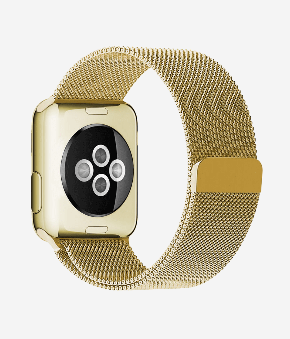Rear view of an Apple Watch Milanese Loop band, highlighting the woven stainless steel mesh texture, secure magnetic closure clasp.