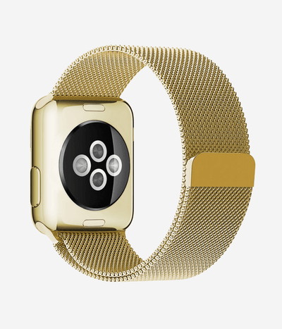 Rear view of an Apple Watch Milanese Loop band, highlighting the woven stainless steel mesh texture, secure magnetic closure clasp.