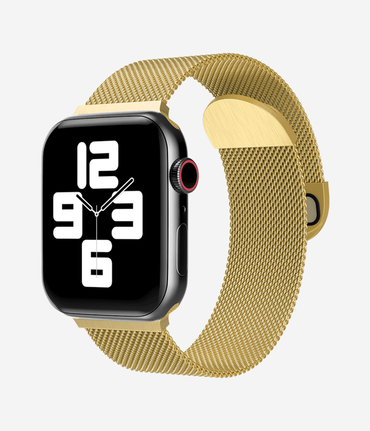 Front view of an Apple Watch Milanese Loop band, highlighting the woven stainless steel mesh texture, secure magnetic closure clasp.