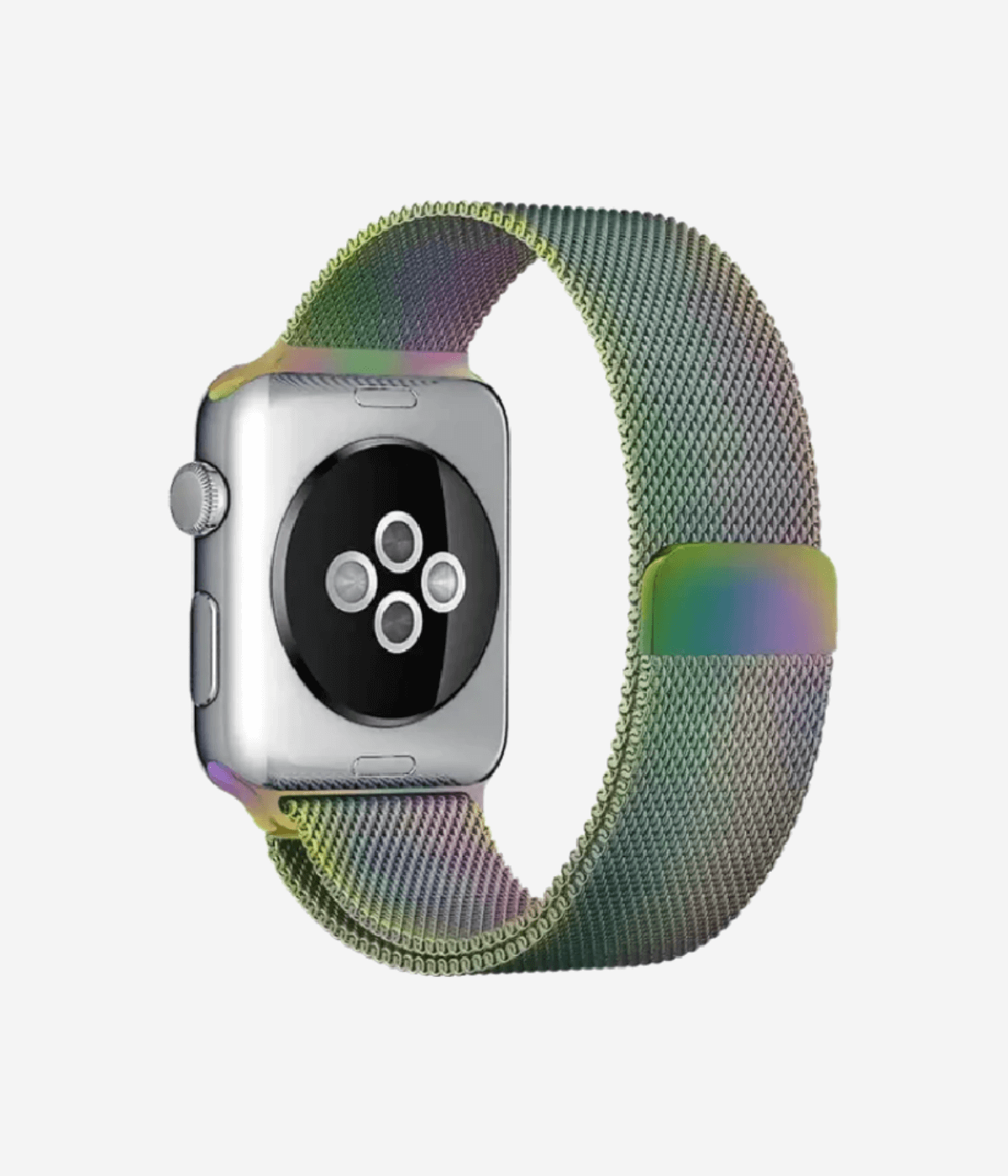 Rear view of an Apple Watch Milanese Loop band, highlighting the woven stainless steel mesh texture, secure magnetic closure clasp.