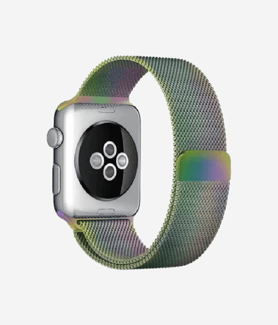 Rear view of an Apple Watch Milanese Loop band, highlighting the woven stainless steel mesh texture, secure magnetic closure clasp.