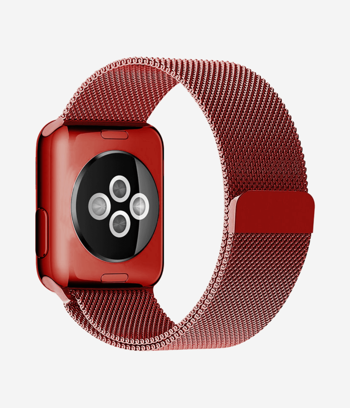 Rear view of an Apple Watch Milanese Loop band, highlighting the woven stainless steel mesh texture, secure magnetic closure clasp.