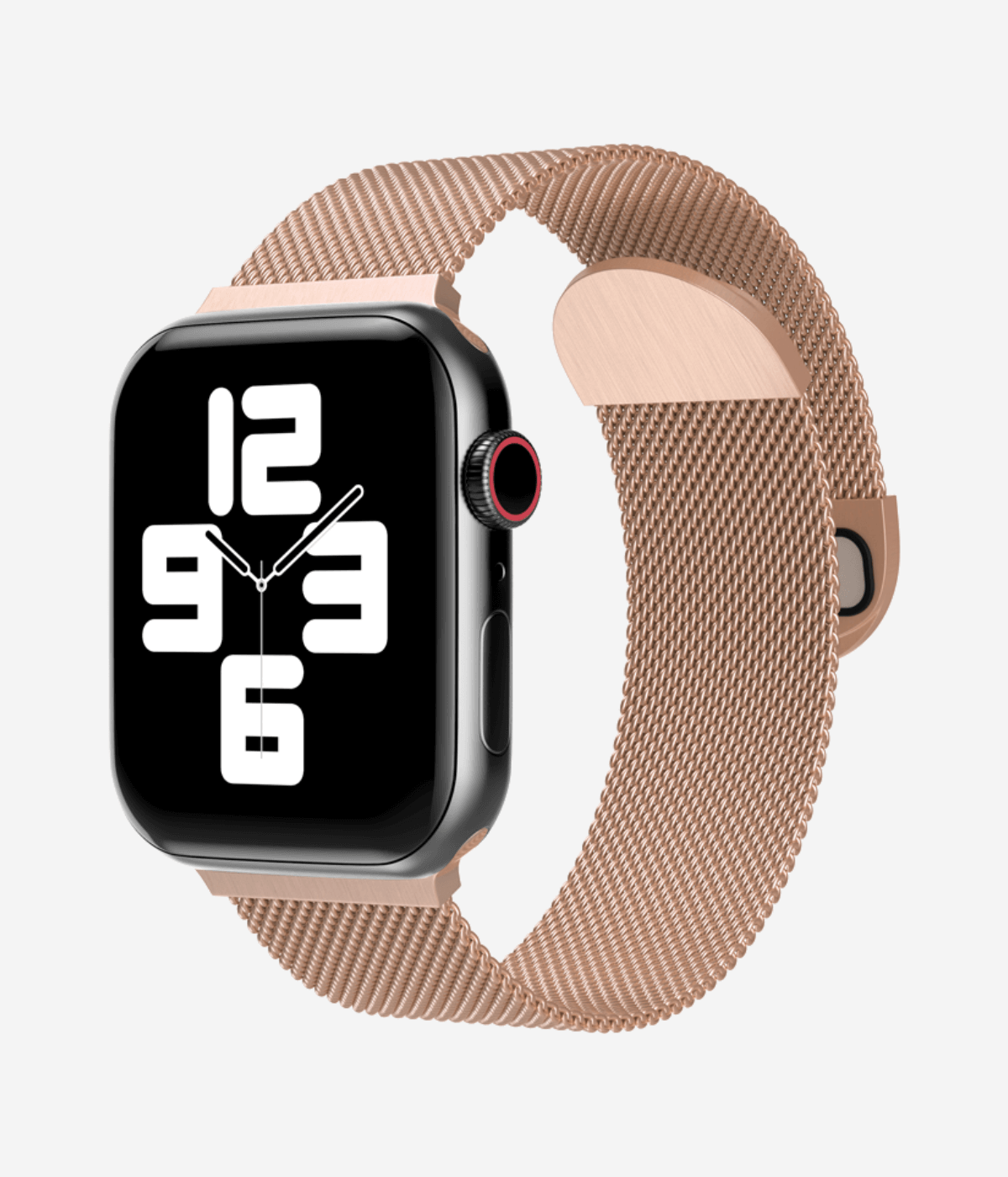 Front view of an Apple Watch Milanese Loop band, highlighting the woven stainless steel mesh texture, secure magnetic closure clasp.