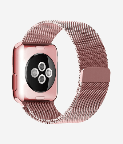 Rear view of an Apple Watch Milanese Loop band, highlighting the woven stainless steel mesh texture, secure magnetic closure clasp.