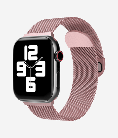 Front view of an Apple Watch Milanese Loop band, highlighting the woven stainless steel mesh texture, secure magnetic closure clasp.
