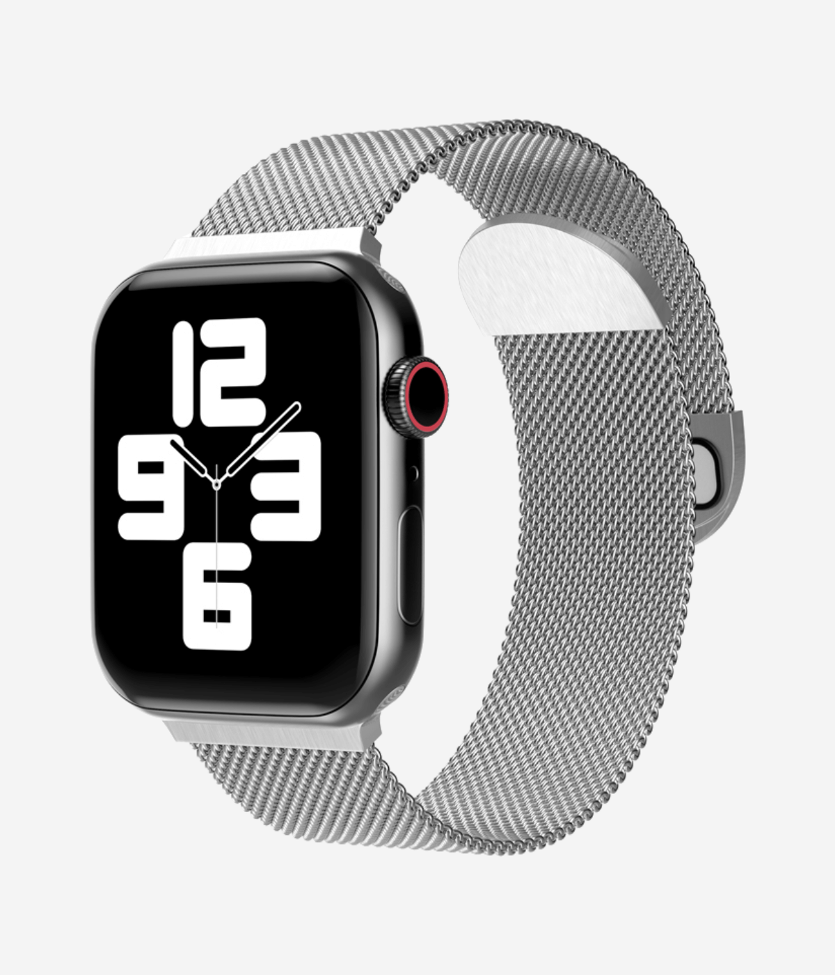Front view of an Apple Watch Milanese Loop band, highlighting the woven stainless steel mesh texture, secure magnetic closure clasp.