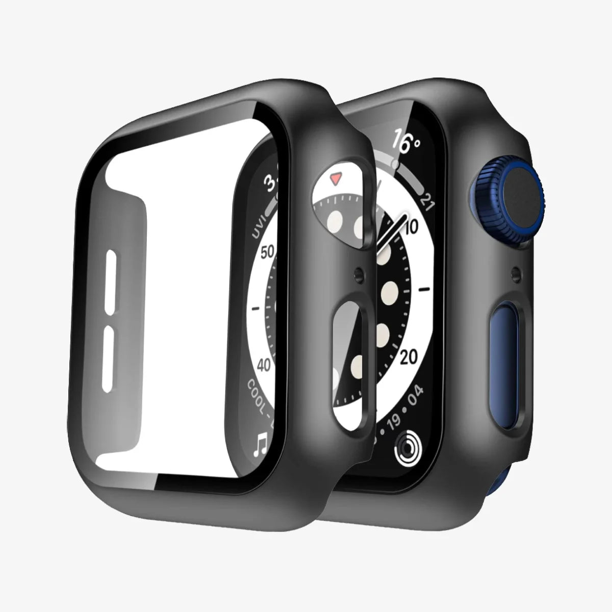 Apple watch with a black protective case on a white background.