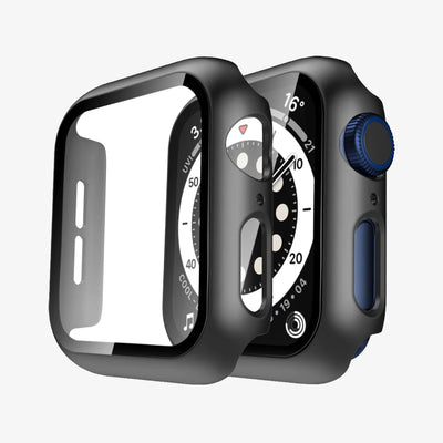 Apple watch with a black protective case on a white background.