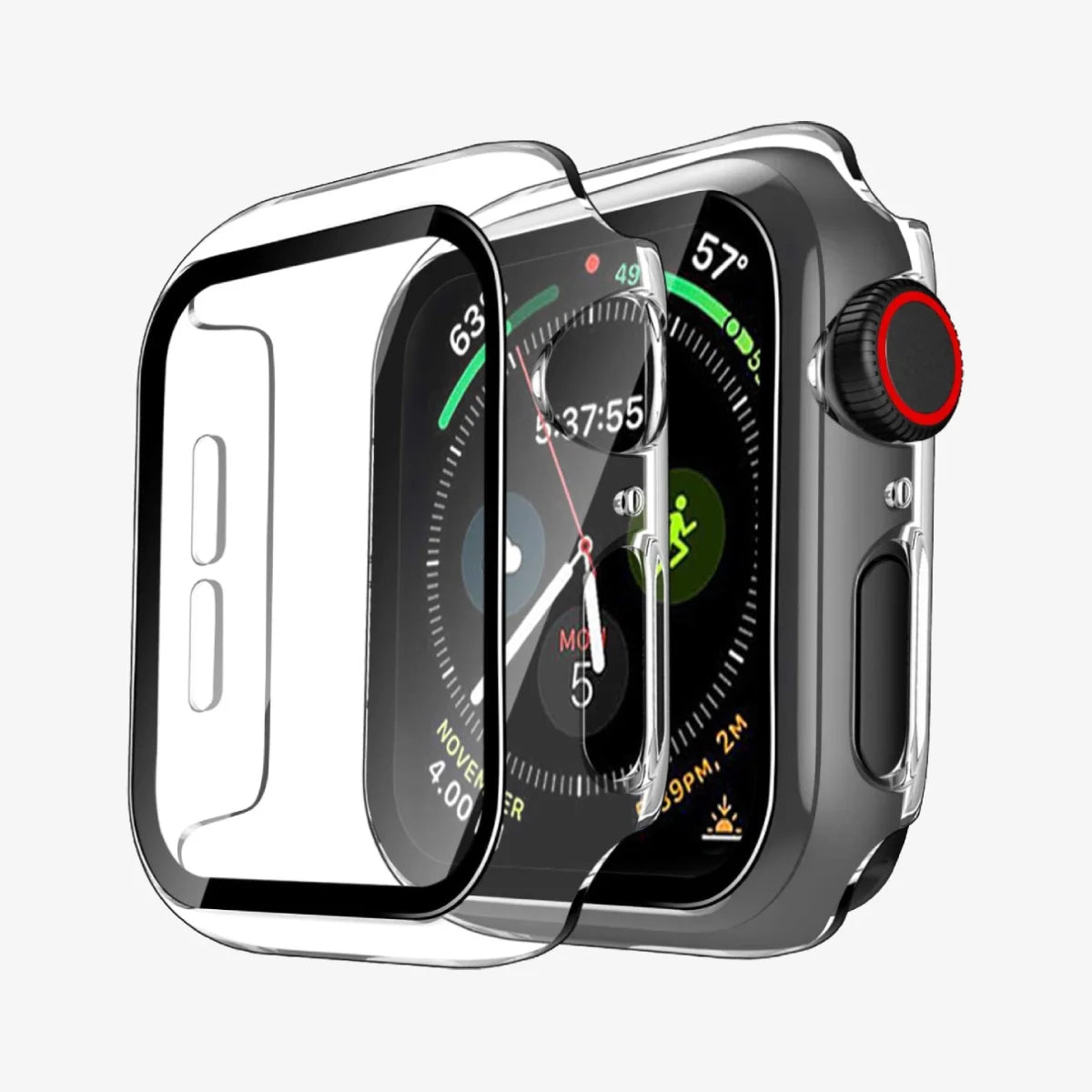 Apple watch with a clear protective case on a white background