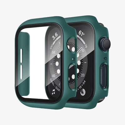 Apple watch with a green protective case on a white background