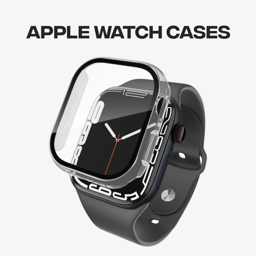 Banner displaying a clear, protective Apple Watch Case bumper installed on a device with the text "Apple Watch Cases".
