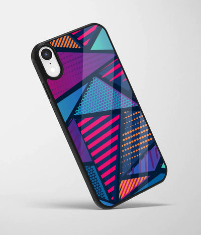 An angled view of a glass phone case featuring a vibrant design.