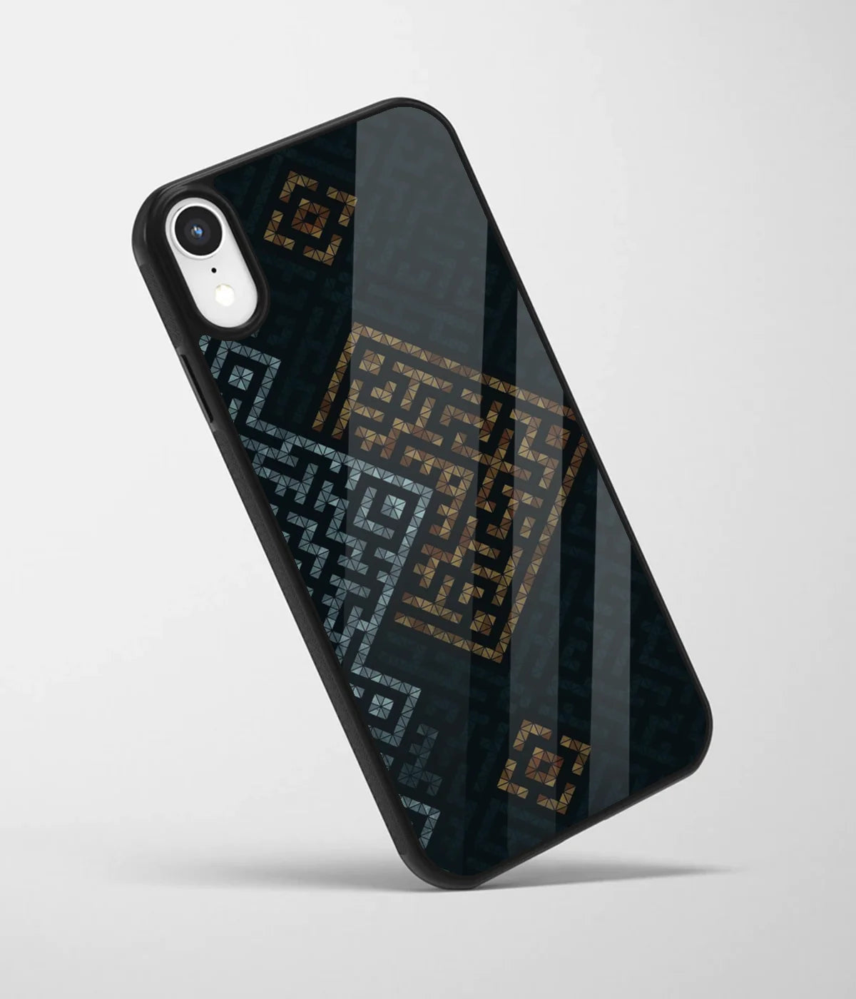 An angled view of a glass phone case featuring a vibrant design.