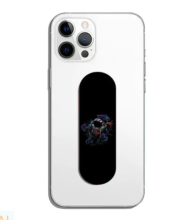 A phone grip slider applied to the back of a smartphone.