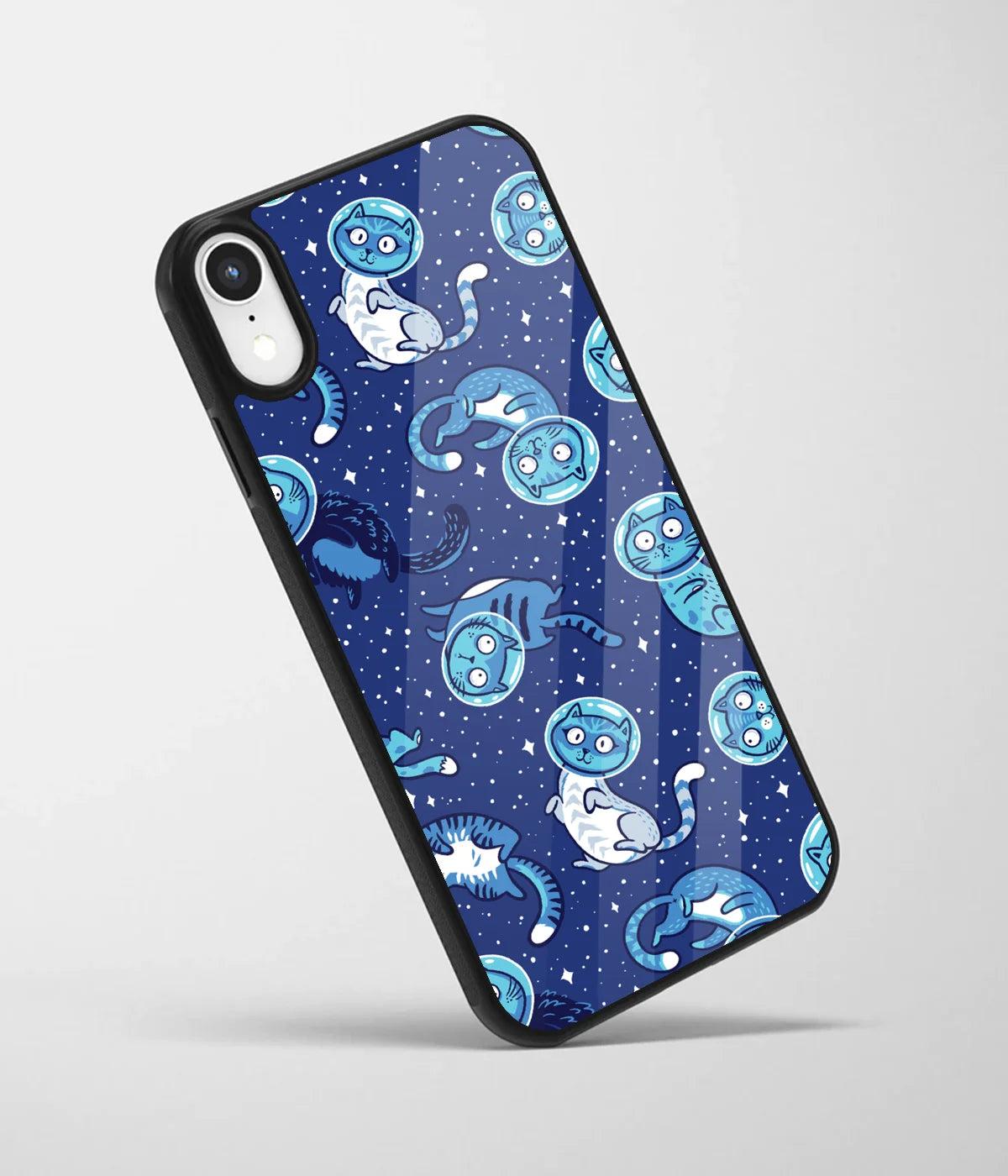 An angled view of a glass phone case featuring a vibrant design.
