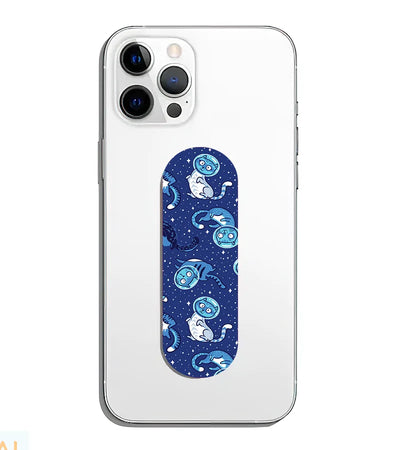 A phone grip slider applied to the back of a smartphone.