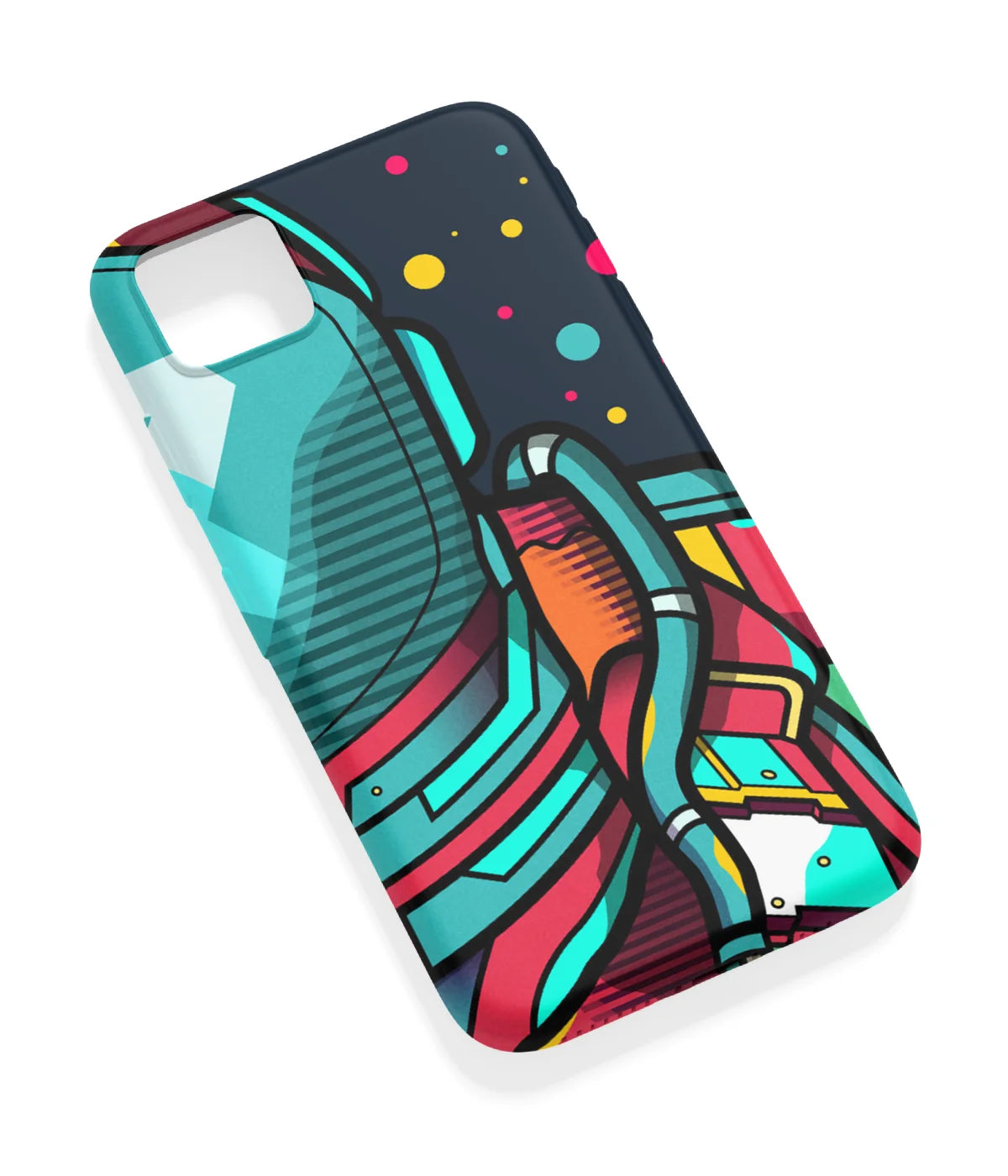 An angled view of a soft silicone case featuring a vibrant design.