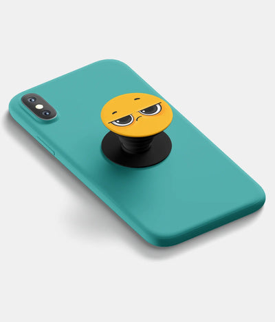 A top-down view of a phone grip holder attached to a mobile phone case on a white background