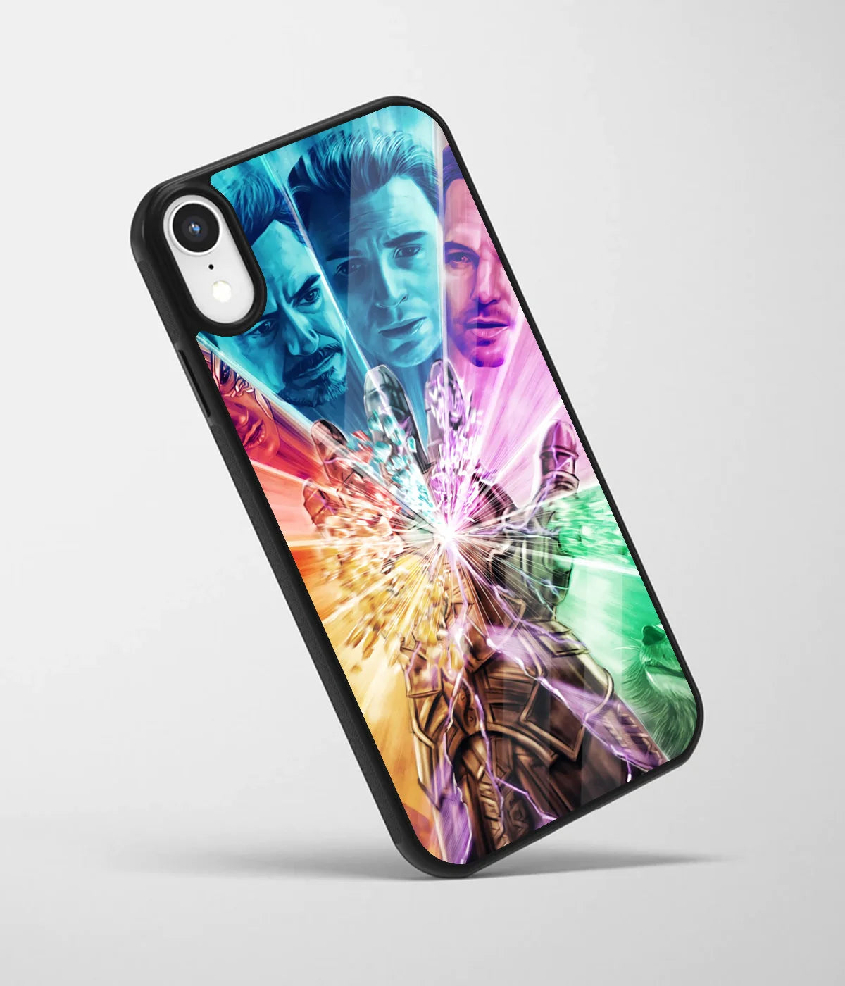 An angled view of a glass phone case featuring a vibrant design.