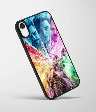 An angled view of a glass phone case featuring a vibrant design.