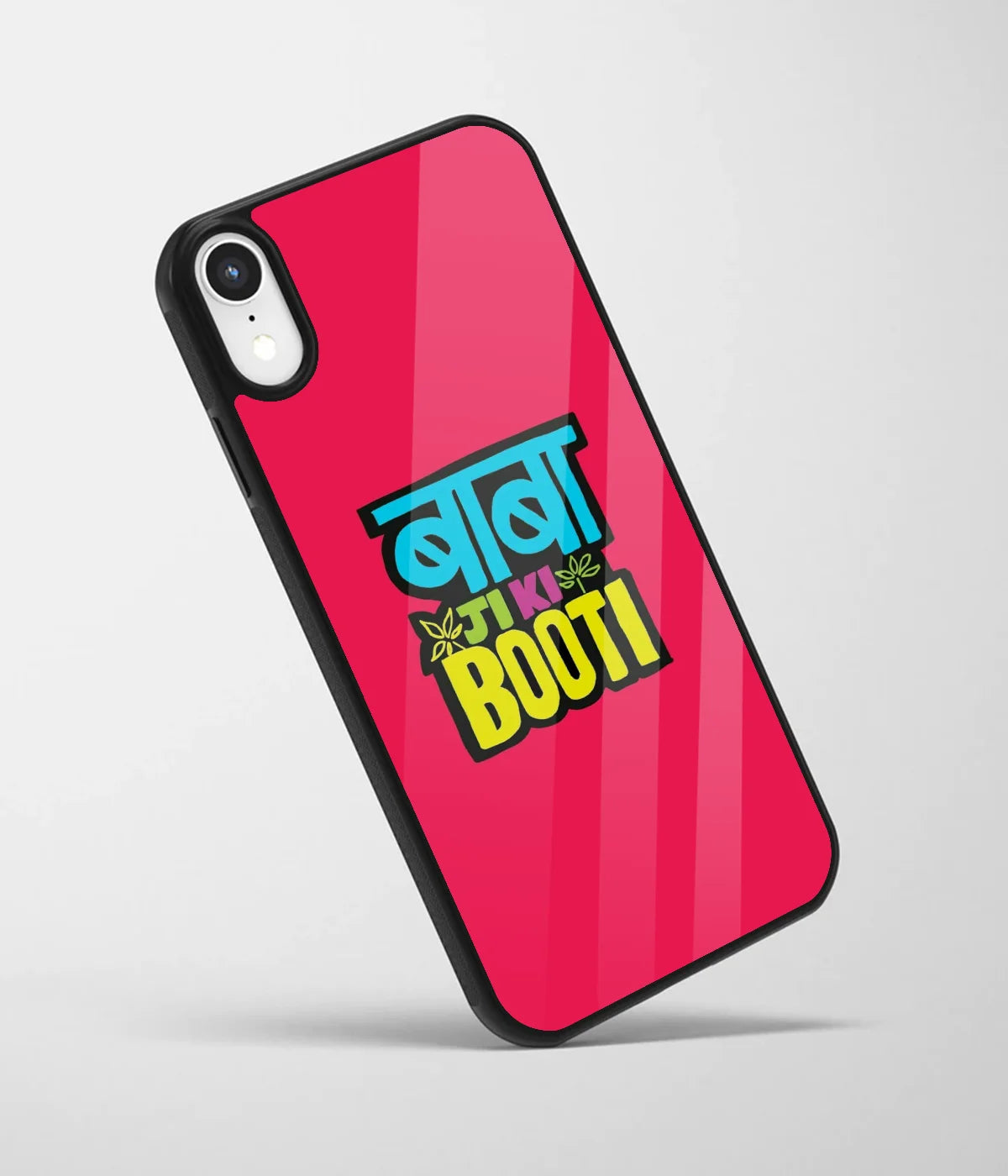 An angled view of a glass phone case featuring a vibrant design.