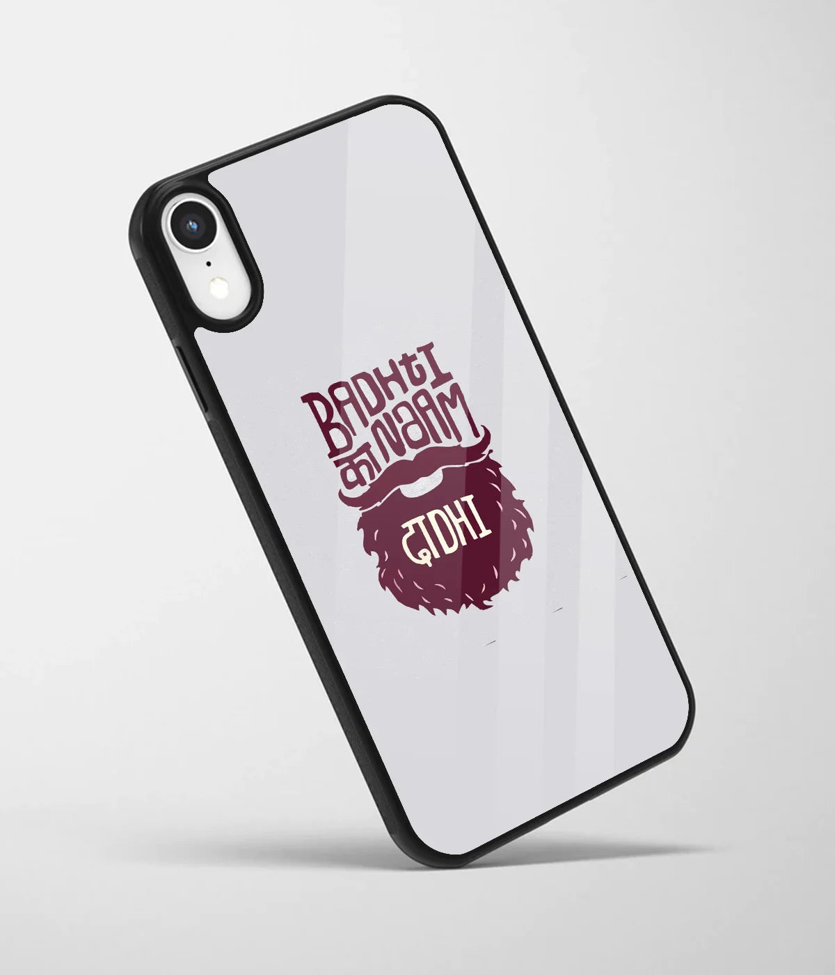 An angled view of a glass phone case featuring a vibrant design.