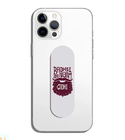 A phone grip slider applied to the back of a smartphone.