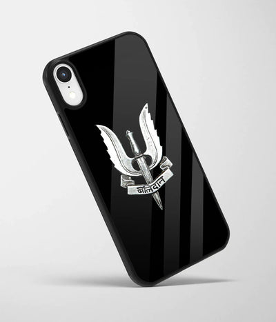 An angled view of a glass phone case featuring a vibrant design.