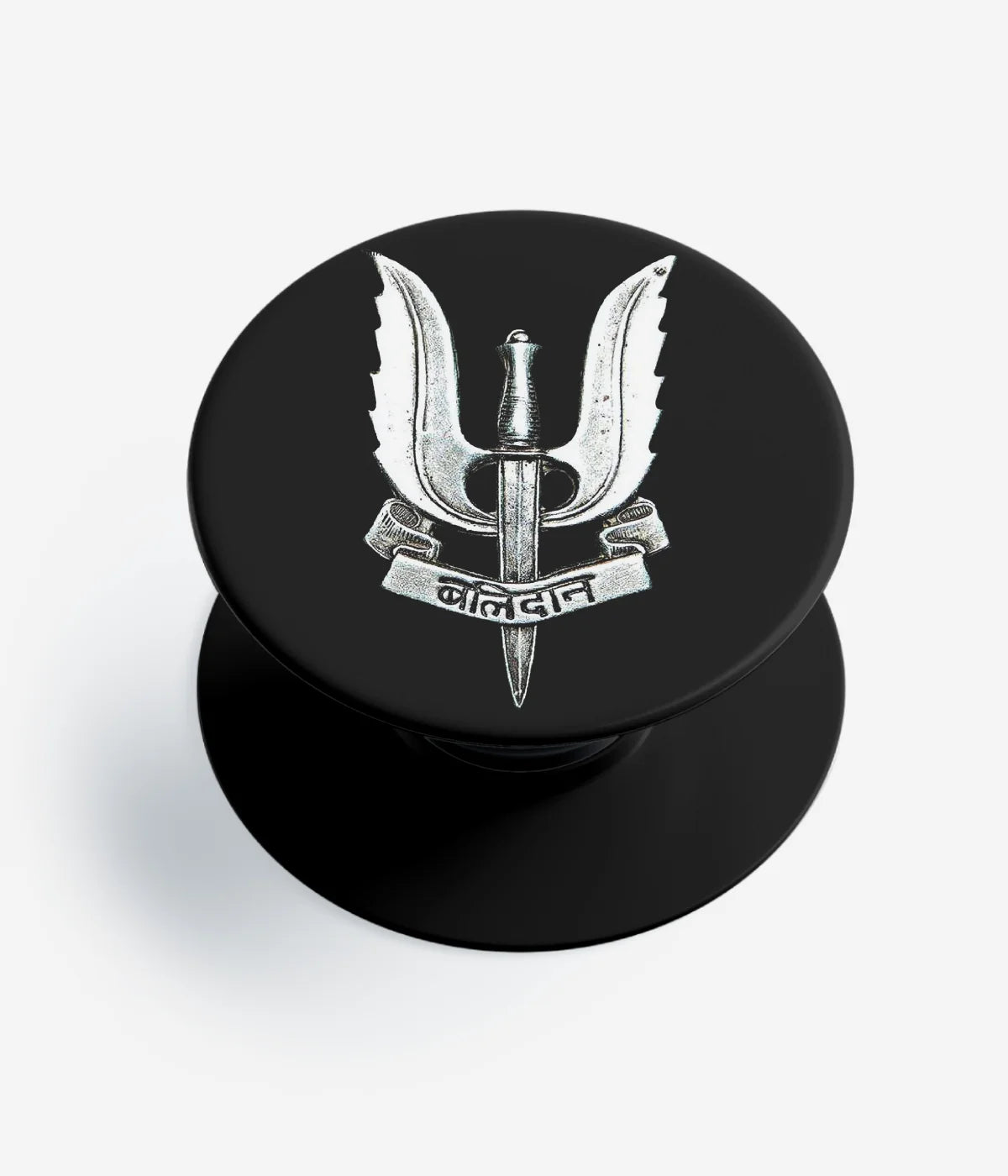 A top-down view of a phone grip holder on a clean white background