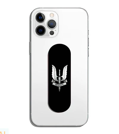 A phone grip slider applied to the back of a smartphone.