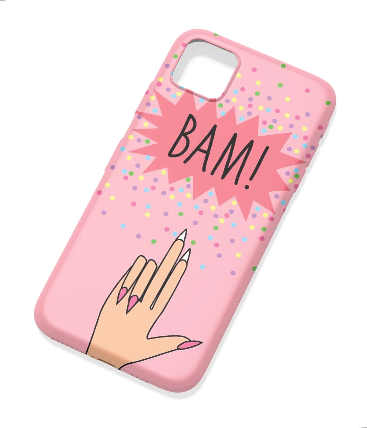 An angled view of a soft silicone case featuring a colorful design.