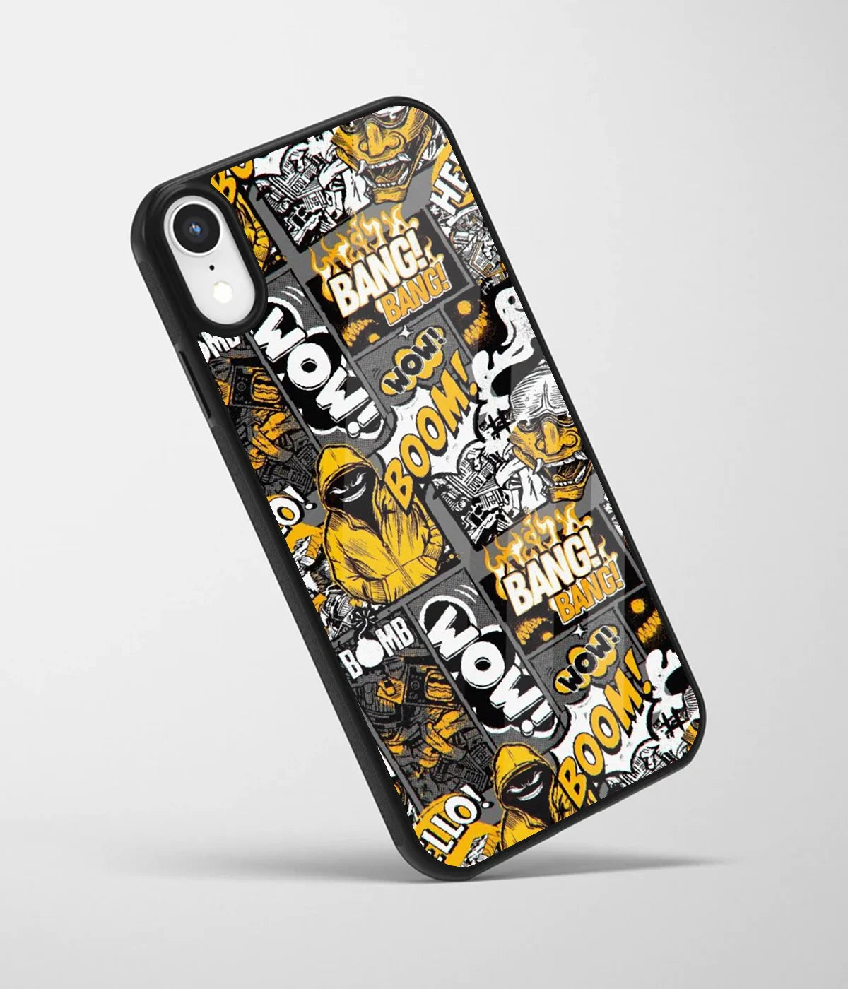 An angled view of a glass phone case featuring a vibrant design.