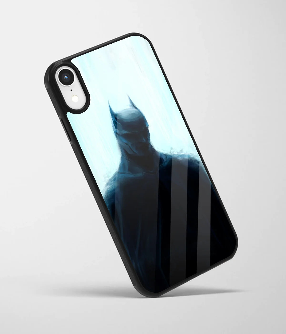 An angled view of a glass phone case featuring a vibrant design.