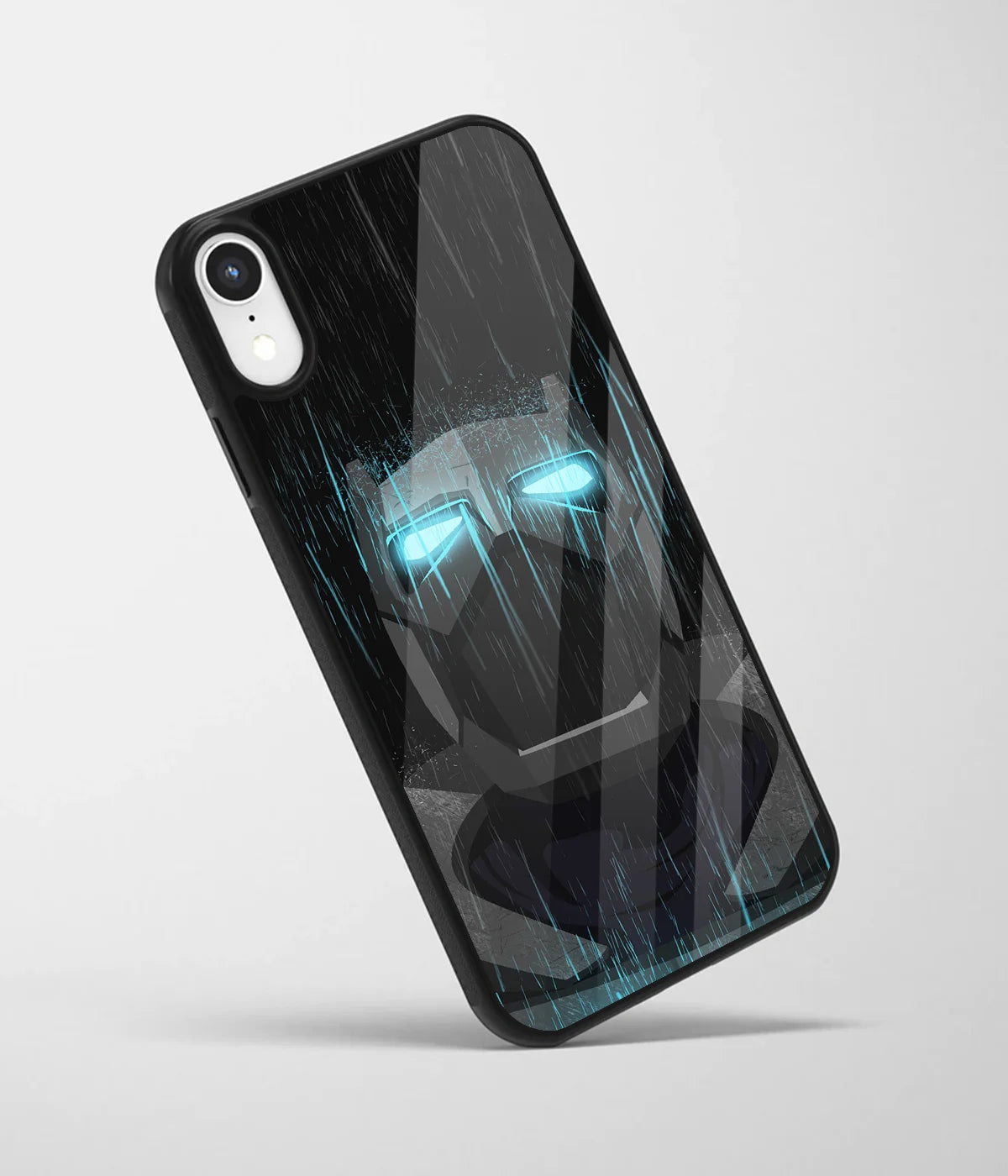 An angled view of a glass phone case featuring a vibrant design.