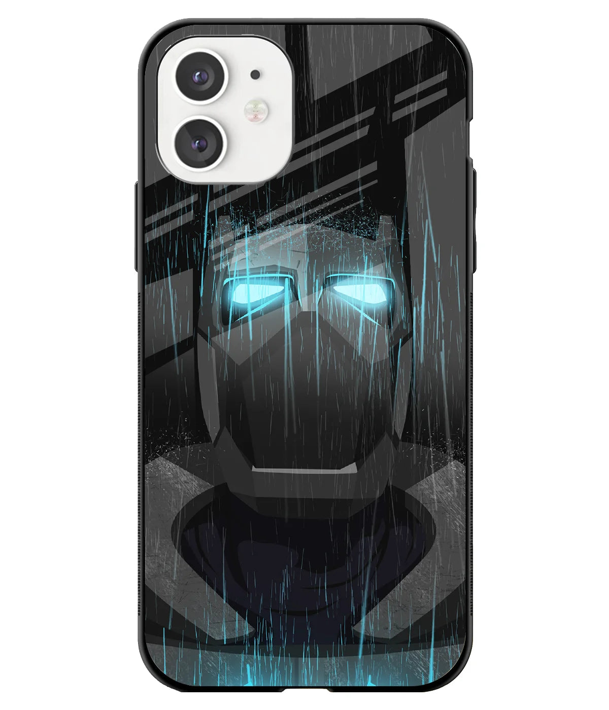 A front-on view of a glass phone case with a colorful design.