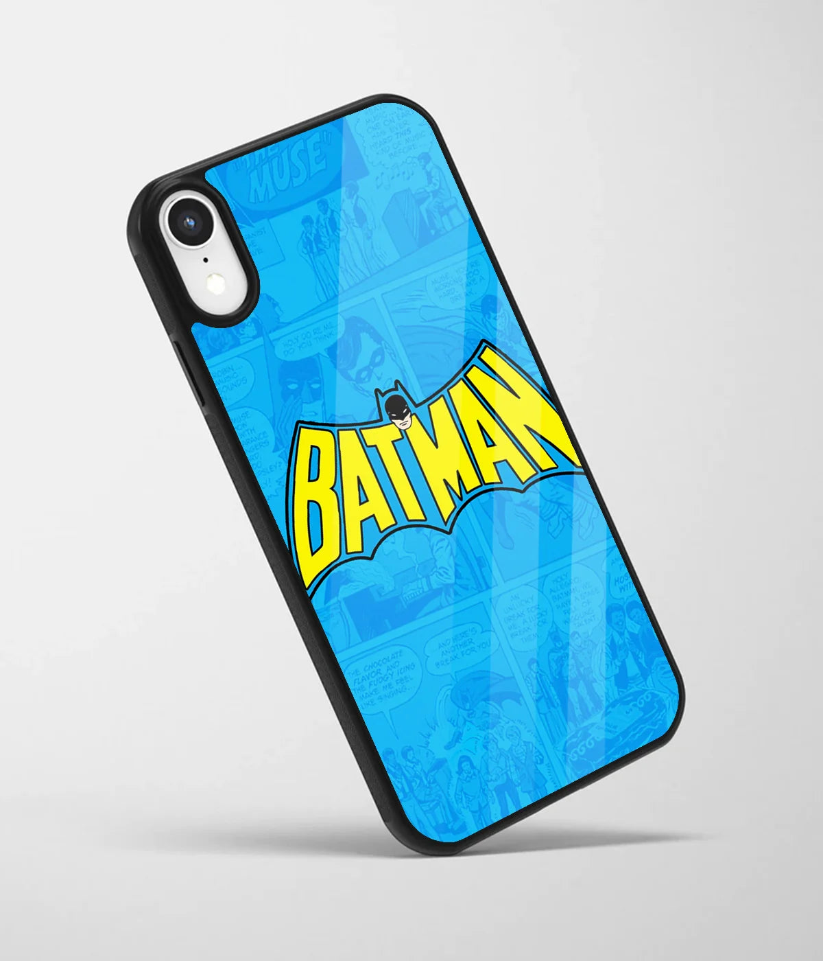 An angled view of a glass phone case featuring a vibrant design.