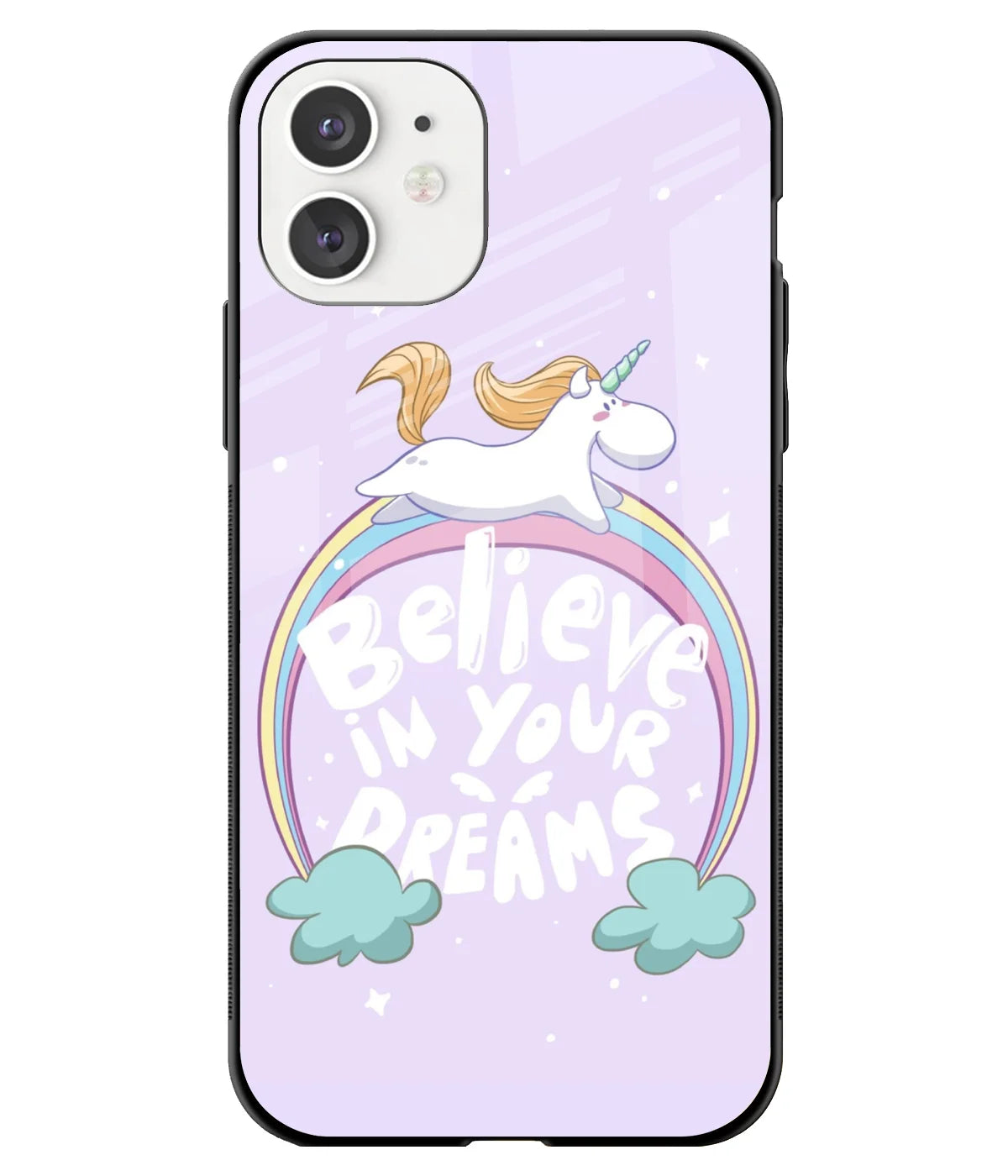 A front-on view of a glass phone case with a colorful design.