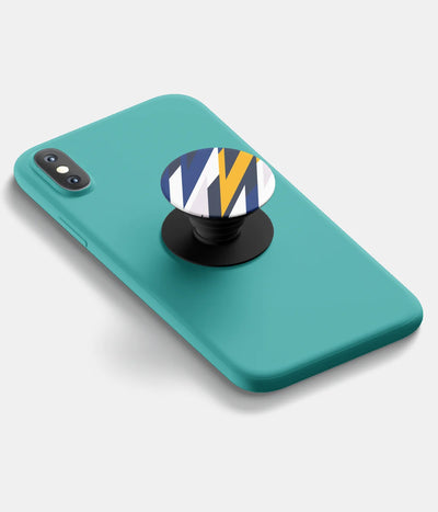 A top-down view of a phone grip holder attached to a mobile phone case on a white background