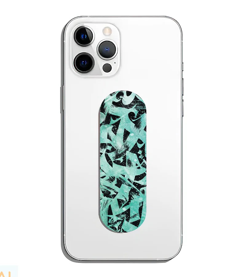 A phone grip slider applied to the back of a smartphone.