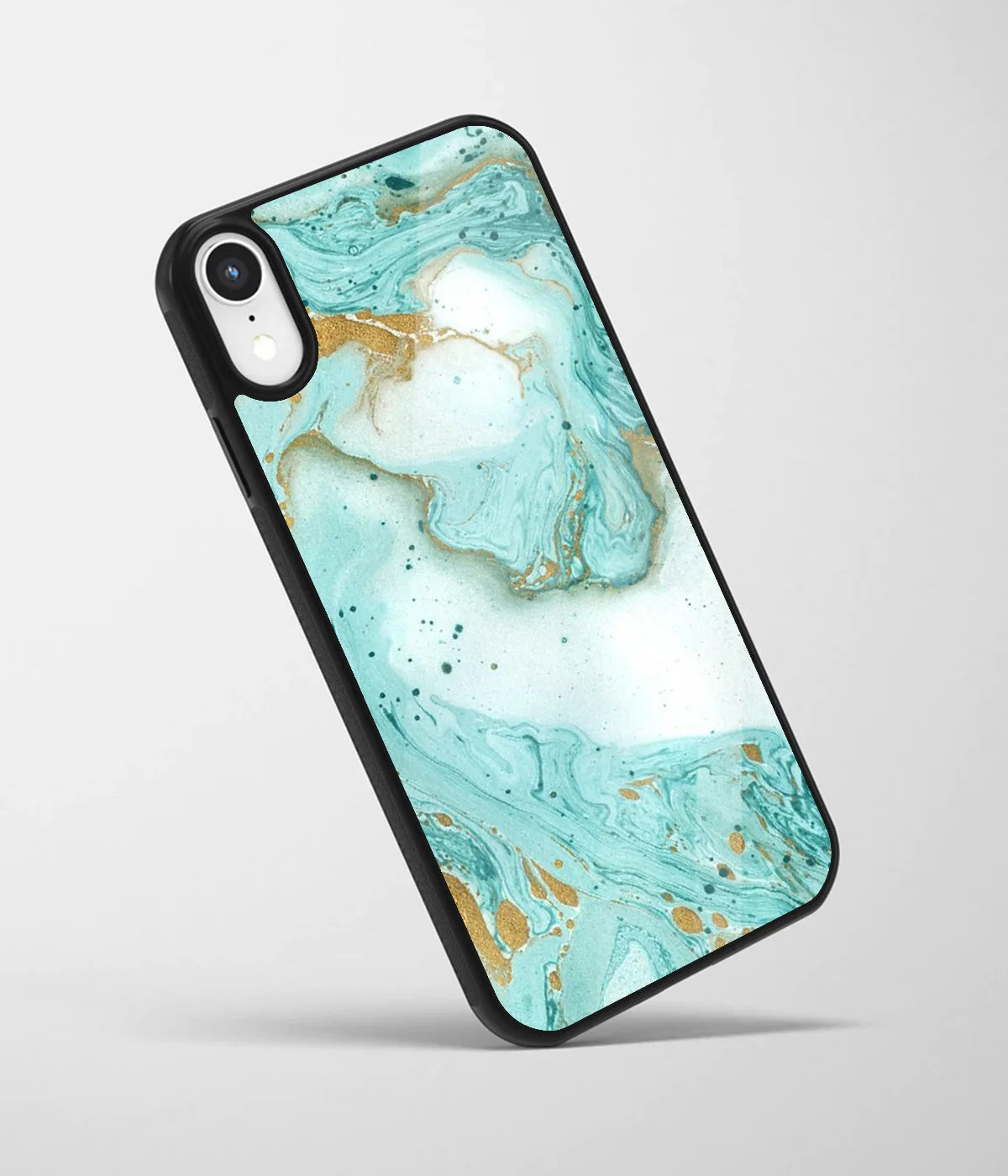 An angled view of a glass phone case featuring a vibrant design.