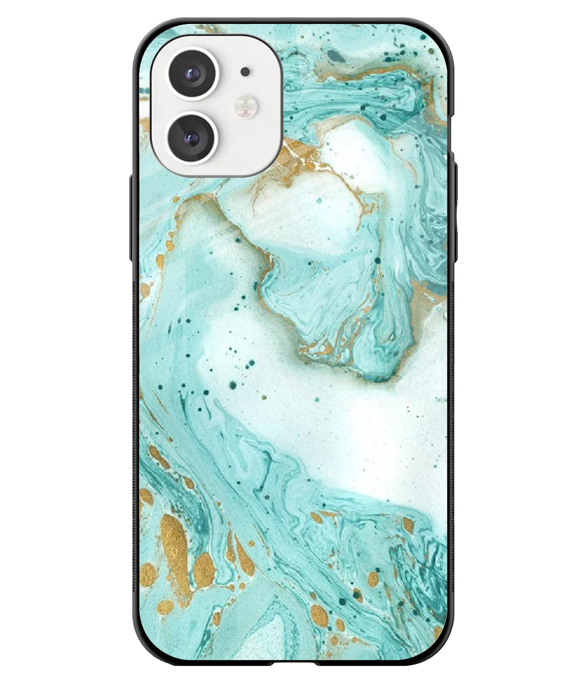 A front-on view of a glass phone case with a colorful design.