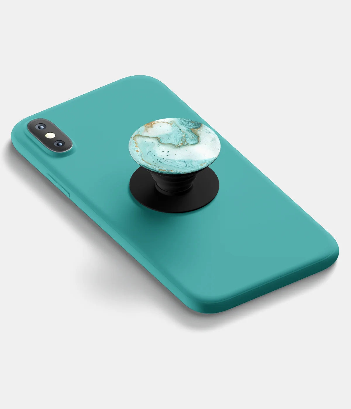 A top-down view of a phone grip holder attached to a mobile phone case on a white background