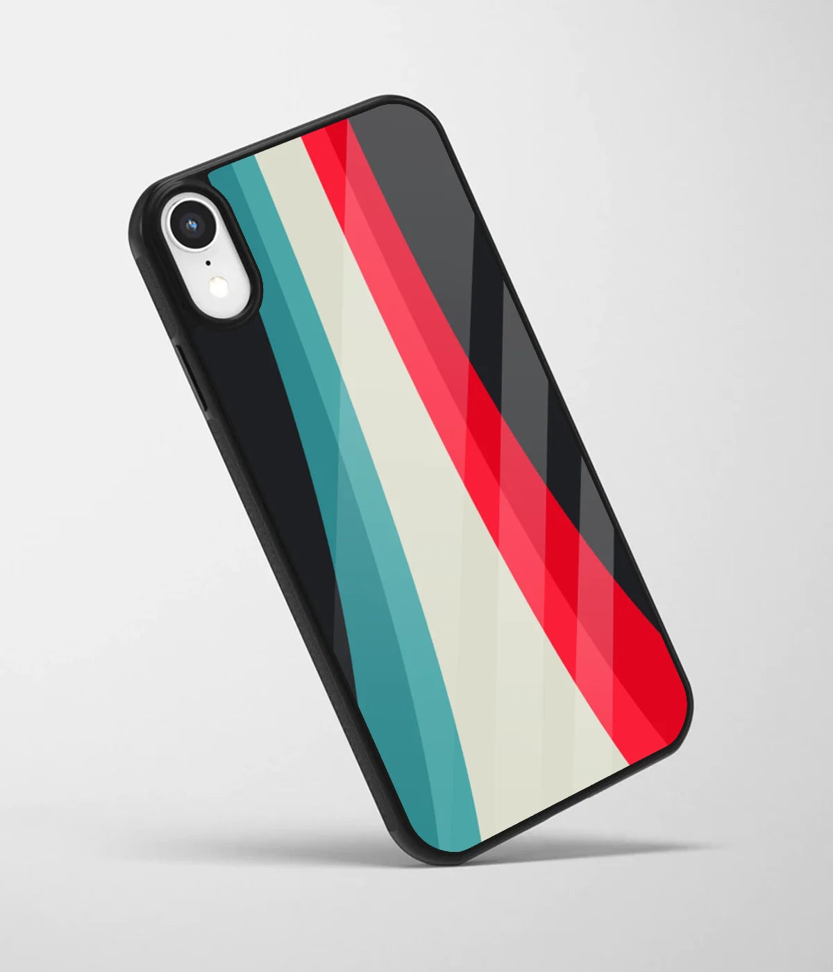 An angled view of a glass phone case featuring a vibrant design.