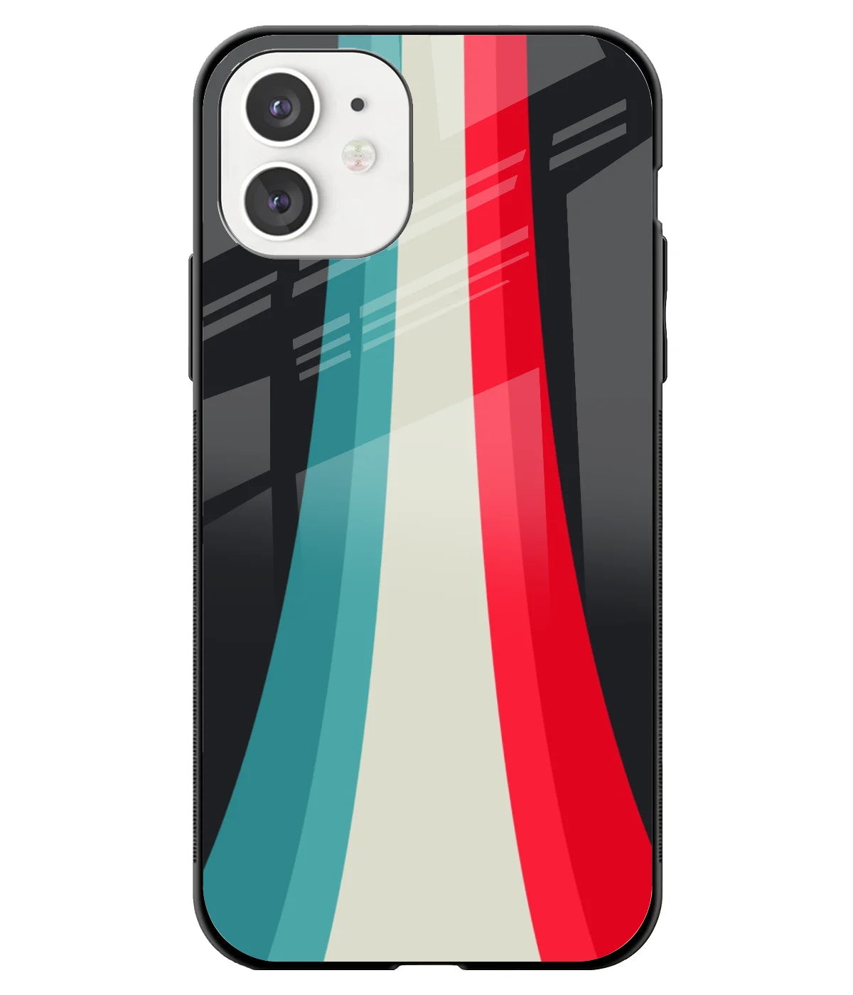 A front-on view of a glass phone case with a colorful design.